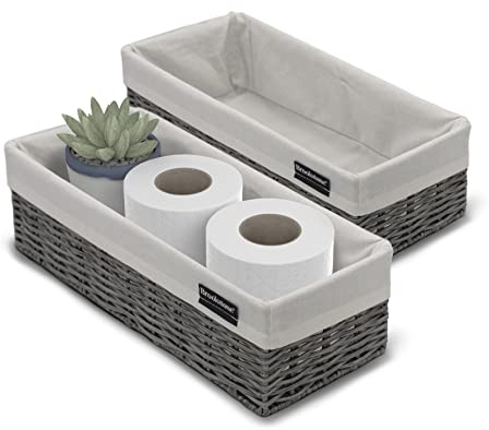 Brookstone Wicker Storage Basket Two Pack Set, Bathroom and Closet Organizers and Storage Bins with Fabric Liner, Grey