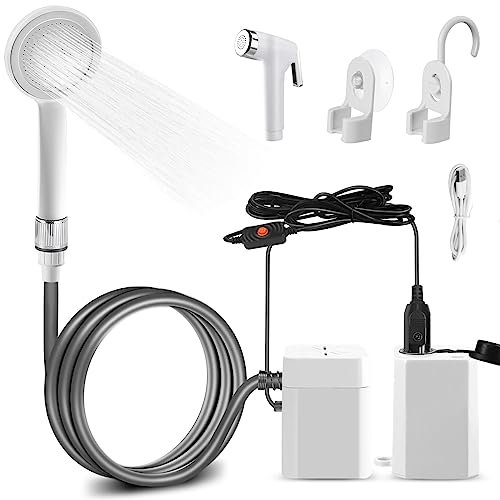 AUTOPkio Wiederaufladbarer Campingdusche mit Akku, Camping Dusche Outdoordusche mit Pumpe, Einstellbarer Stream, Sprüher für Garten Outdoor Autowäsche 12V 24V (Weiss)
