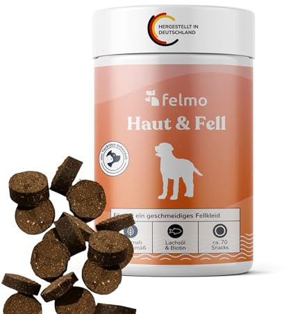 felmo Haut- & Fell-Snacks für Hunde – Für gesunde Haut & glänzendes Fell mit Lachsöl, Omega-3-Fettsäuren, Bierhefe & Biotin – getreidefrei & zuckerfrei, pflegt Krallen & Hautbarriere, 70 Snacks