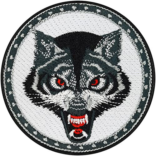 Parches ropa termoadhesivos de lobo con ojos rojos | Parche bordado vikingo para motociclistas y rockeros | Adhesivo con bordado para planchar en todo tipo de telas | 70x70mm