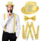 Meleager Disco Karneval Outfit Herren Accessories, Pailletten Hut Gold Set mit Glitzer Fliege und Hosenträger, Glitzer Outfit für Fasching Party,Jazz Dance Performence