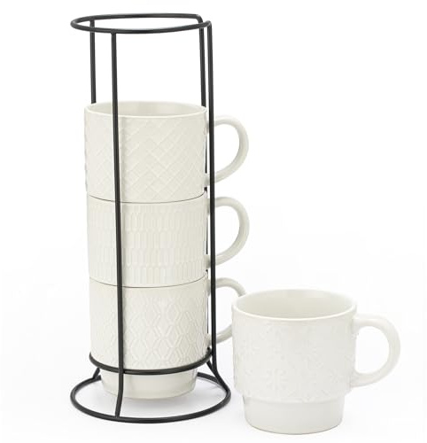 Signature Housewares Stackable Coffee Mug Tower Set with Metal Wire Rack - 15 Ounce Coffee Mugs for Coffee, Tea, Cocoa, Milk, Cappuccino, Hot Chocolate Set of 4 - White Glazed Ceramic