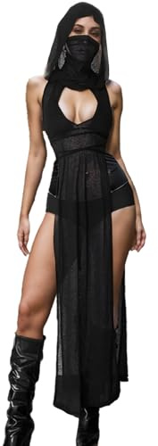 Aucute Abito da Donna in Stile Gotico, con Collo Alto, Senza Maniche, con Spacco Alto, con Cappuccio, EDM Music Festival Outfits, Nero, S