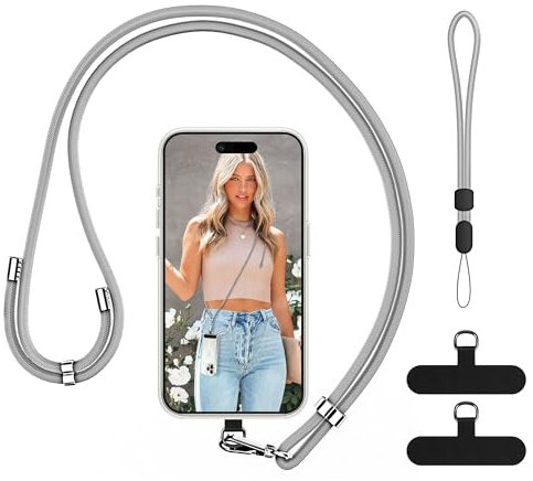 COCASES Phone Lanyard Crossbody and Wrist Strap, Adjustable iPhone Strap with 2 Durable Patches for Neck Strap Phone Chain Compatible with Most Smartphones-Grey
