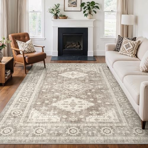 GENIMO Boho Vintage Teppich, Waschbar & rutschfest, Kurzflor Teppich für Wohnzimmer, Schlafzimmer oder Esszimmer, Stilvoller Carpet, Mandel Beige Braun, 160x230 cm