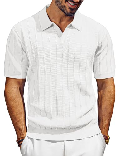 PJ PAUL JONES Camisas polo de punto de manga corta para hombre con cuello en V para golf, polos de verano con textura, blanco, XL