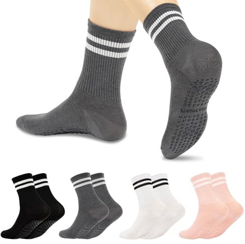 Dzpuhuojz 4 paires Yoga Chaussettes Antiderapantes, Chaussettes de Pilates Femme avec poignées, Chaussettes Antidérapantes pour Yoga, Ballet, Danse, Pilates, Noir/Blanc/Gris Foncé/Rose