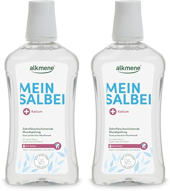 alkmene 2x Zahnfleischschützende Mundspülung ohne Alkohol mit Salbei & Kalium 500 ml - Vegane Mundspülung antibakteriell mit 6-fach Schutz - Mundwasser antibakteriell - Mouthwash