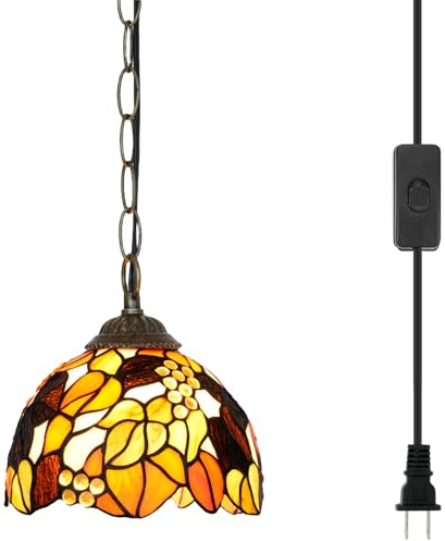 Tiffany-pendellampa Plug-in-lampa Orange druvor och blad Målat glas Hängande lampa för hemmet Matsal Vardagsrum Arbetsrum Hall Köksö