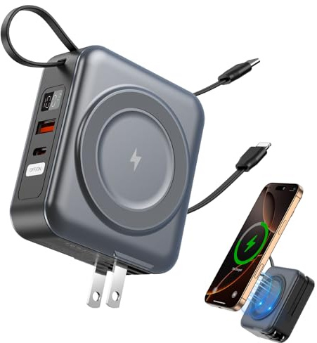 for Magsafe Portable Charger with AC Wall Plug, 6-in-1 Magnetic Wireless Power Bank 10000mAh Built-in Cables, 22.5W Type-C in&Out Fast Charging Battery Pack for iPhone18 17/16/15/14/13/12 Series, Gray