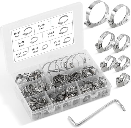 HonQiShiMY 72 Pezzi Fascette Metalliche in Acciaio Inox, Fascette Stringitubo Regolabili per Auto e Casa, Set da 72 Clip Fascette per Tubi con 7 Misure Diverse (6-38mm), Resistente alla Corrosione