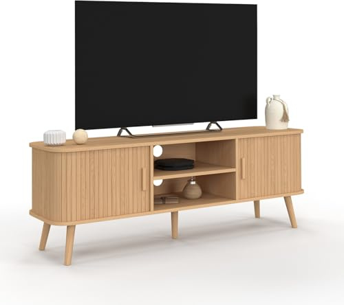 IDMarket - Meuble TV 140 cm Romie 2 Portes coulissantes Lattes tasseau Bois Coloris chêne