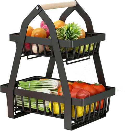 Foydream Fruit Basket, Cesta de Frutas de 2 Niveles con Mango de Madera, Organizador de Cocina Extraíble y Ahorrador de Espacio para Frutas, Verduras, Pan, Almacenamiento para Encimera