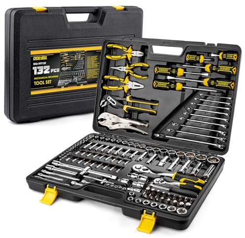 DOWELL Juego de herramientas de 132 piezas, kit de herramientas manuales profesionales para mecánicos de automóviles, todo en uno para reparaciones de autos, motocicletas, motores y garajes con