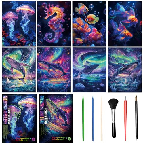VLYX Set de 8 œuvres à gratter pour adultes et enfants, art au foil avec outils, série Océan (format A4)