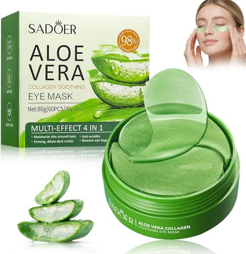 60 Pièces Patch Aloe Vera Yeux, Aloe Vera Masque, Masque Yeux Anti Cernes, Acide Hyaluronique, Patchs pour les Lèvres Anti-Rides, Patch Cernes et Poches, Anti Poche