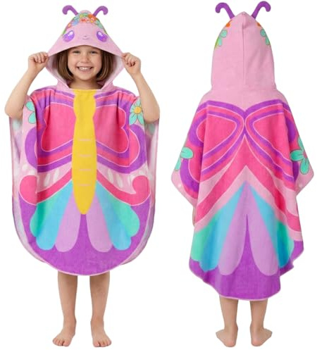 PinkSheep poncho med huva för barn, 75 x 140 cm strandhanddukar, pool bad badhanddukar poncho, stor badrock för flickor pojkar tjock & superabsorberande (fjäril)