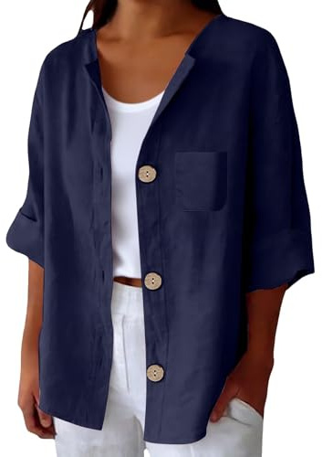 Camicia Lino Donna Maniche Tre Quarti Girocollo Estiva Moda Camicie Elegante Blusa Casual con Bottoni e Tasca Camicetta da Spiaggia Classico Leggera Comoda Lavoro Viaggi Uso Quotidiano