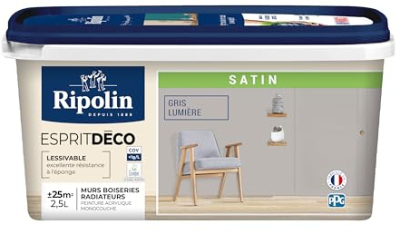 RIPOLIN - Peinture Intérieure Multi-Supports – Murs, Boiseries & Radiateurs – Ultra-Couvrante – Lessivable – Application Facile – Ecolabel - Satin - 2,5L - Gris Lumière | Peinture Multi-Supports, Ultra-Couvrante et Lessivable, Séchage Rapide, Fabrication Francaise, Excellence Depuis 1888