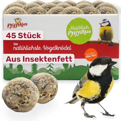 Natürlich Pfiffikus Vogelknödel ohne Netz 45 Stück – Meisenknödel mit Insektenfett – artgerechtes Wildvogelfutter für draußen – Ganzjahresfutter für Meisen & Gartenvögel – plastikfrei im Karton