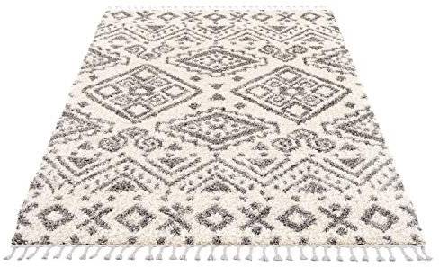 MyShop24 Teppich Wohnzimmer Shaggy - Creme 120x160cm - Schlafzimmer Soft Shaggy Flauschig mit Fransen - Rauten Muster - Oeko Tex 100 Standard - Allergiker geeignet