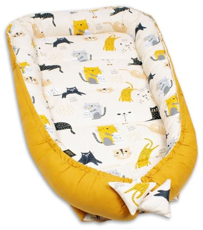PaLulli 120x60 cm nid bébé nid bébé Cocon bébé XXL, 2 Faces, 100% Coton, Oreiller, nid pour lit bébé, nid Douillet, lit de Voyage pour bébés et Nourrissons (Baby Cats)