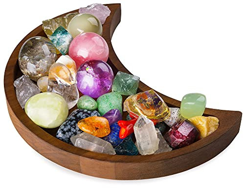 Vassoio a Forma di Luna - Mostra i tuoi cristalli e le tue pietre curative - 25.4 x 12.7 cm Ciotole di Legno Rustico, Piatto Decorativo Moderno per Cristalli Pietre - Crescent Moon Tray Crystal Holder
