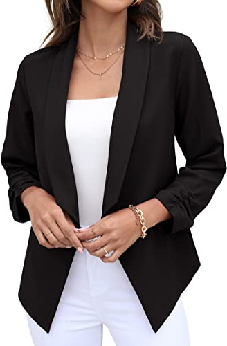 GRECERELLE Womens Blazer Suit Open Front Cardigan 3/4 Ruched Sleeve Casual Work Office Cropped Blazer Jacket for Ladies (Black, US 10= UK12-14)