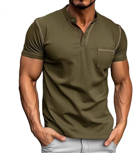 Donason Camiseta de Manga Corta para Hombre Camisa Henley Casual de Verano T-Shirt Básico Cuello Redondo con Botónes y Bolsillo