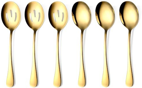 Gold Serving Spoons 6 Pieces, OGORI Stainless Steel Serving Utensils with Mirror Polished Superior Tablespoons Set Include 3 Serving Spoon and 3 Slotted Spoons