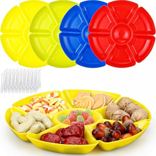 Zhehao 4 Pcs Sectional Heavyweight Plastic Divided Plates Serving Trays with 40 Disposable Forks 10.6 7 Section Round Chip Dip Plate Snack Food Platter for Nut Candy Veggie Fruit(Bright Color)