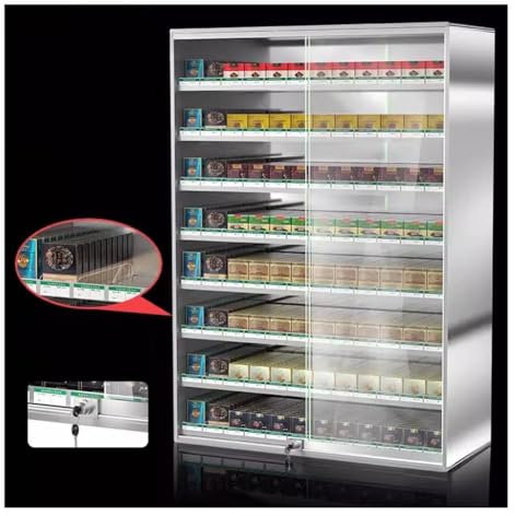Cigarettes Display Rack, Wall Mounted Cigarette Dispaly Case Tempered Glass Sliding Door Aluminium Alloy Cigarettes Organizer Holder with Safety Lock for Retail Store(74.5x17.3x105cm)