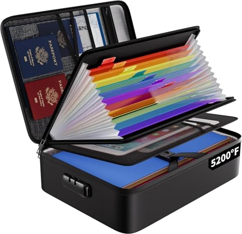 Porte-documents ignifuge 5200℉ A4 - Boîte de rangement avec 13 compartiments et serrure - Porte-documents portable pour la maison et le bureau - Rangement de documents importants
