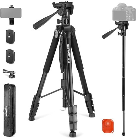 NEEWER 74.4 Trípode Monopie Básico Video Cabezal y 3 Vías Manija Pan Tilt Remoto, Cámara Superior Eje Central Horizontal, Soporte Teléfono DSLR, iPhone, Telescopio,Proyector,Carga 17.6lb,TP05