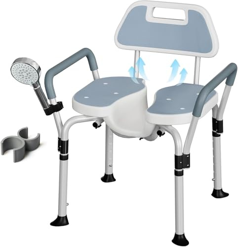 uyoyous Duschhocker mit Lehne und Armlehnen, Duschstuhl mit Hygieneausschnitt, U-förmige Duschsitze für Senioren, 6 Höhenverstellbare Badhocker mit rutschfeste Fußpolster für Senioren und Menschen