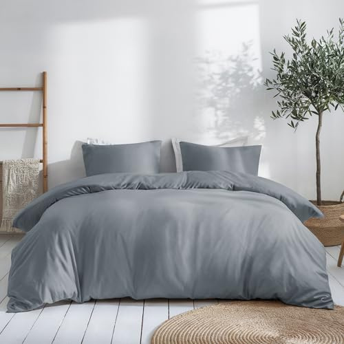 Dreamzie Funda Nordica Algodon Satinado 200x200 cm - Gris - Ropa de Cama, Funda Edredon 200x200 cm y 2 Funda Almohada 80x80 cm - Algodón Satinado - 3 Piezas