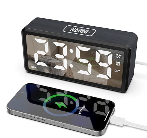 Lancoon Digitaler Wecker aus Holz mit großer LED Anzeige für das Schlafzimmer DST Dimmbar Dual-Alarm USB Ladeanschluss Snooze Wochentag/Wochenende Modus Schwarz