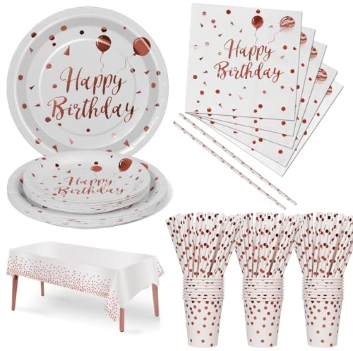 Nkaiso Party Tableware 121Pcs Rose Gold Happy Birthday Theme Kids Birthday Decoration Party Accessories Set Includes Paper Plates Napkins Cups, for Party Supplies-24 Guests