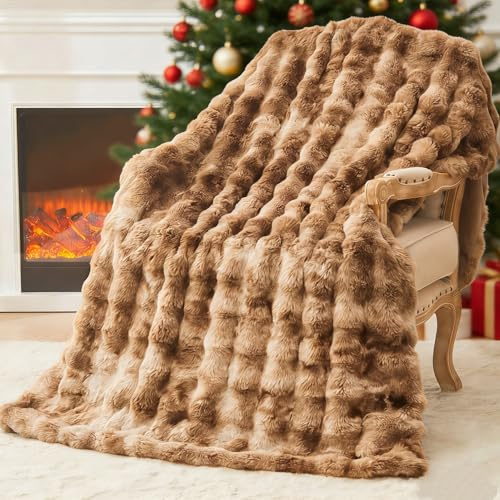 EMME Rabbit Plush Throw Blanket - 150 x 200cm Ultra Soft & Bubble Thick Couch Blanket for Sofa, Fleece-Like Cozy Living Room Blanket,Tie Dye Grey-brown