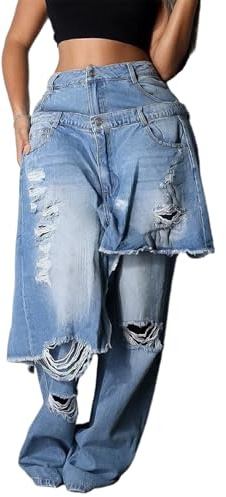 Vakkest Women's High Waisted Jeans Baggy Ripped Irregular Patchwork Denim Pants Straight Wide Leg Trousers Streetwear Blue