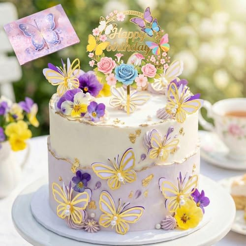 11 Piezas Mariposas Decoración para Tartas, Decoraciones de Pastel Mariposa 3D,1 Inserciones de Pastel Acrílico,Para Cumpleaños, Bodas, Fiestas, Cupcakes, Niñas Cumpleaños Fiesta Bodas(Morado)