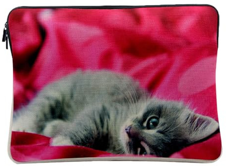 Housse Ordinateur et Tablette Aspect Lin - Chaton Gris Mignon Drap Rouge - 10 Pouces Pochette de Protection PC Portable Imprimé en France