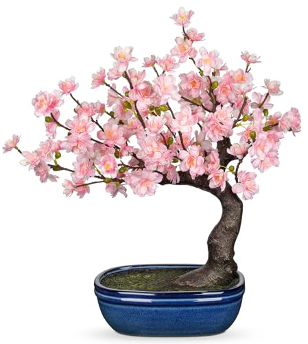Artificial Cherry Blossom Bonsai Tree in Kiln-Glazed Ceramic Pot, Fake Sakura Flower Desktop Bonsai Plant, Real Touch Silk Cherry Flowers with Twisted Trunk for Home Office Table Zen Japanese Décor