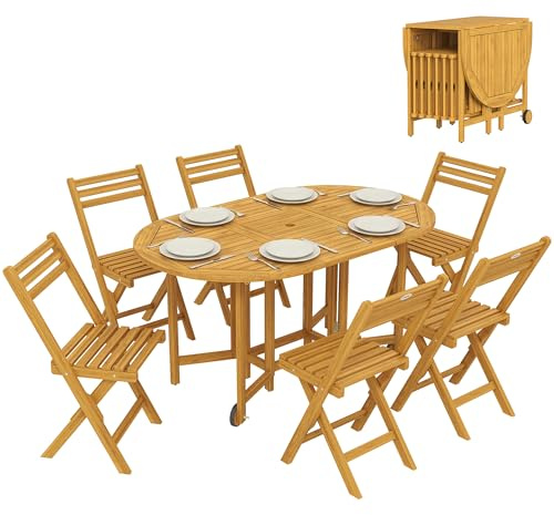 Outsunny Set Tavolo e Sedie da Giardino 7 Pezzi in Legno Acacia, Set da Pranzo Esterno Pieghevole con 6 Sedie e Tavolo a Doghe Pieghevoli con Foro Ombrellone, Ruote, per Terrazza Balcone, Color Legno