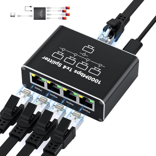 Ouitble Switch LAN 1 a 4 Splitter Ethernet di Rete 1000 Mbps, Splitter LAN Switch Gigabit in Alluminio a 4 Porte RJ45 con Cavo di Alimentazione di Tipo C per Router Hub Comp