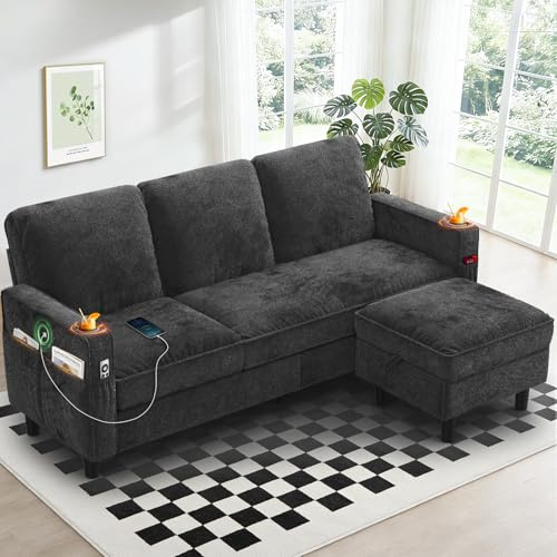 Aotumm Ciort 3-Seater Sofa with Storage Ottoman Footstool, L-shaped Chaise Lounge Sofa with USB Charging Ports, 2 Cup holders, Modern Fabric Small Space Corner Sofa Couch for Living Room (Deep Grey)