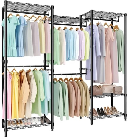 Acekool Perchero Organizador Portátil En Forma l, Estructura Resistente con 5 Estantes Regulables y Barras Colgantes, Gran Almacenamiento para Dormitorio y Vestidor