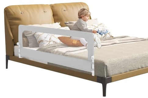 Barrière de lit pour bébé - 176 cm - Barrière de lit pliable - Avec sangle de fixation - Réglable en hauteur de 66 à 83 cm - Gris