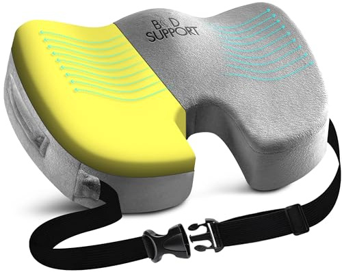 Bod Support Seat Cushion with Straps - Seat Cushions for Office Chairs, Car Seat Cushion for Tailbone Pain Relief Cushion Design to Relieve Sciatica Coccyx Design from Prolonged Sitting (Grey)