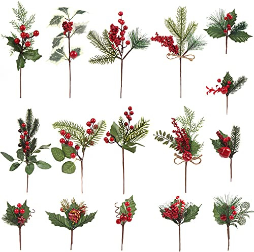 CCINEE Artificial Christmas Red Berry Picks 16 Pack Assorted Pine Berries Branches Fake Holly Stems for Xmas Tree Decoration Crafts Garland Wreath Décor